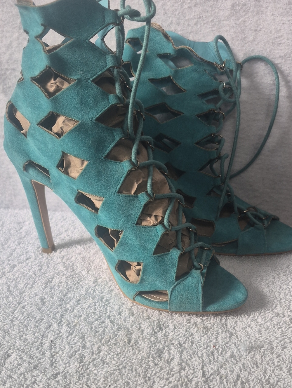 Cape Robbin Teal Lace-Up Cutout Stiletto Heels